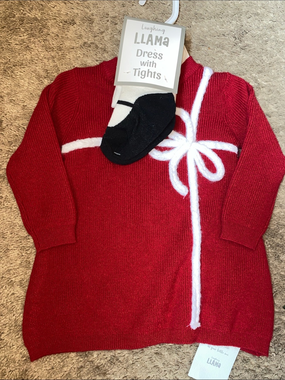 Red Knit Dress & Tights Set with White Bow Detail